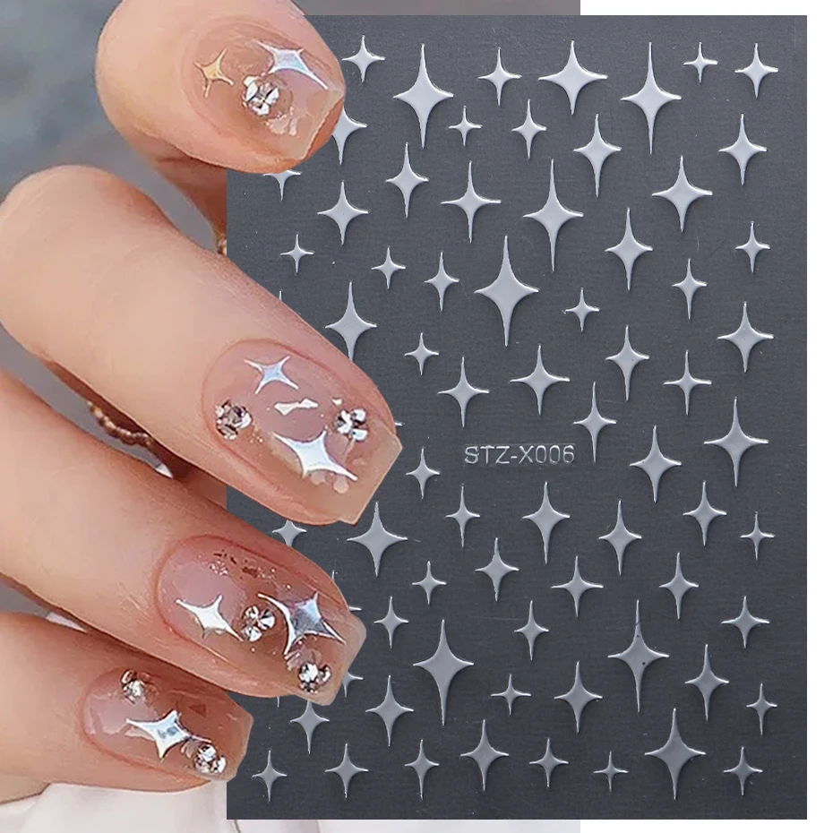 4pcs 3D Silver Gold Stars Nail Stickers Y2K Nail Design Black Stars Decal  Bronzing Sliders Chrome Effect Manicure Decoration