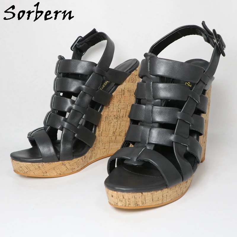 Sorbern Black Matte Wedge Sandals For Women Multi Straps Slingback Cork Platform Summer Shoes Multi Colors