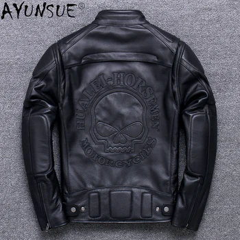 AYUNSUE 남성용 천연 가죽 재킷, 자수 해골 소가죽 코트, 바이커 재킷, SQQ342, 가을 신상