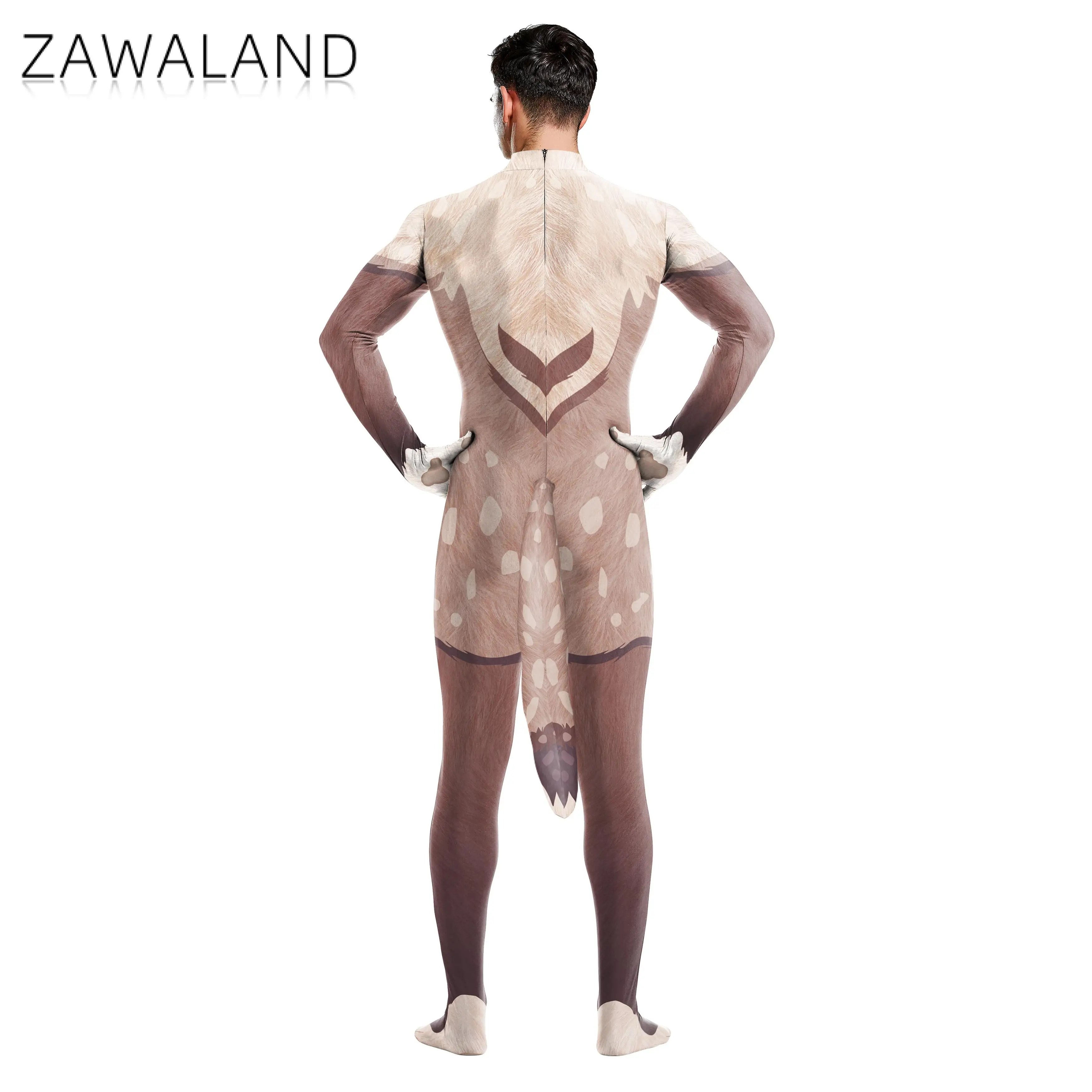 Zawaland Men Sika Deer Cosplay Costume Animal Elk Petsuit Fancy Carnival Bodysuit Party Disguise Zentai Suit Festival Catsuit