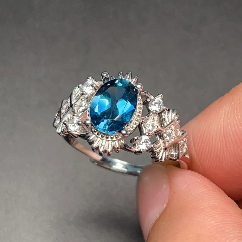 

Deep Blue Topaz 925 Silver Ring for Party 6mm*8mm VVS Grade 1ct Natural Topaz Ring 3 Layers 18K Gold Plating Silver Jewelry