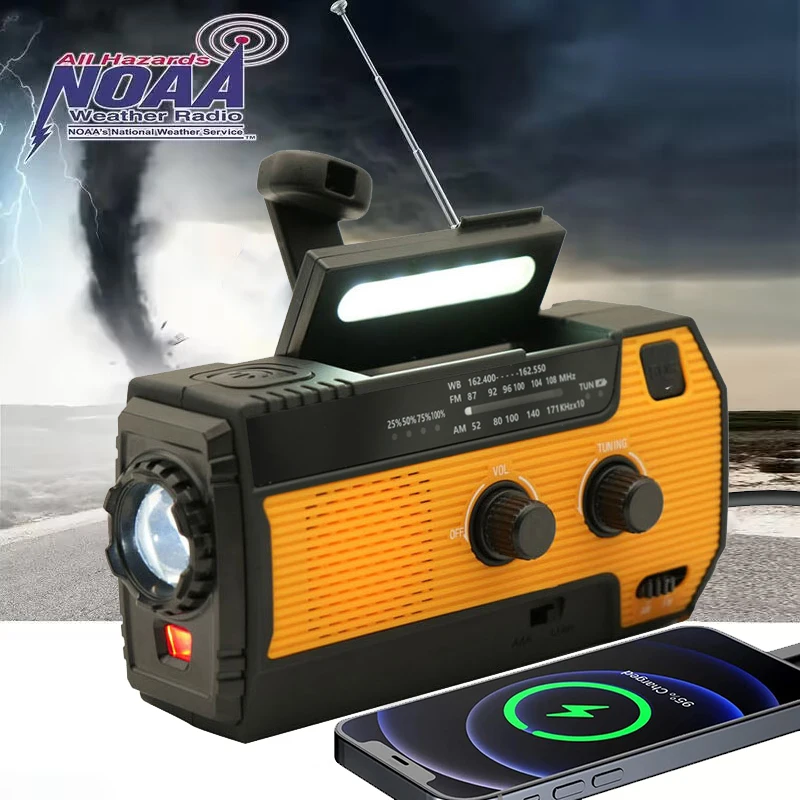 

Emergency Weather Radio 4000mAh Power Bank Solar Hand Crank Portable AM/FM/NOAA Receiver with Flashlight Reading Lamp SOS Alarm