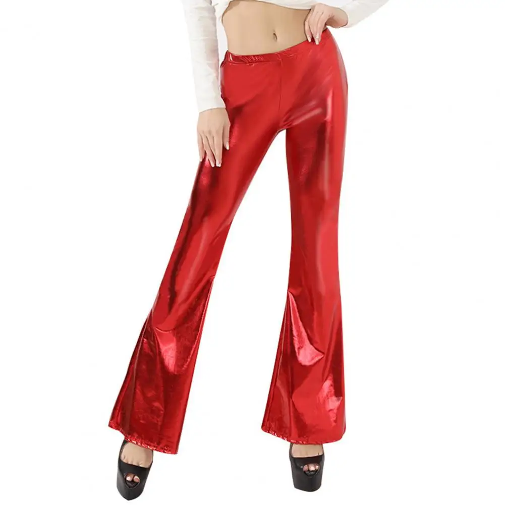 

Women Pants Bright Color Faux Leather Flared Pants for Women Slim Fit Streetwear Trousers with Elastic Waist Mid-rise Design