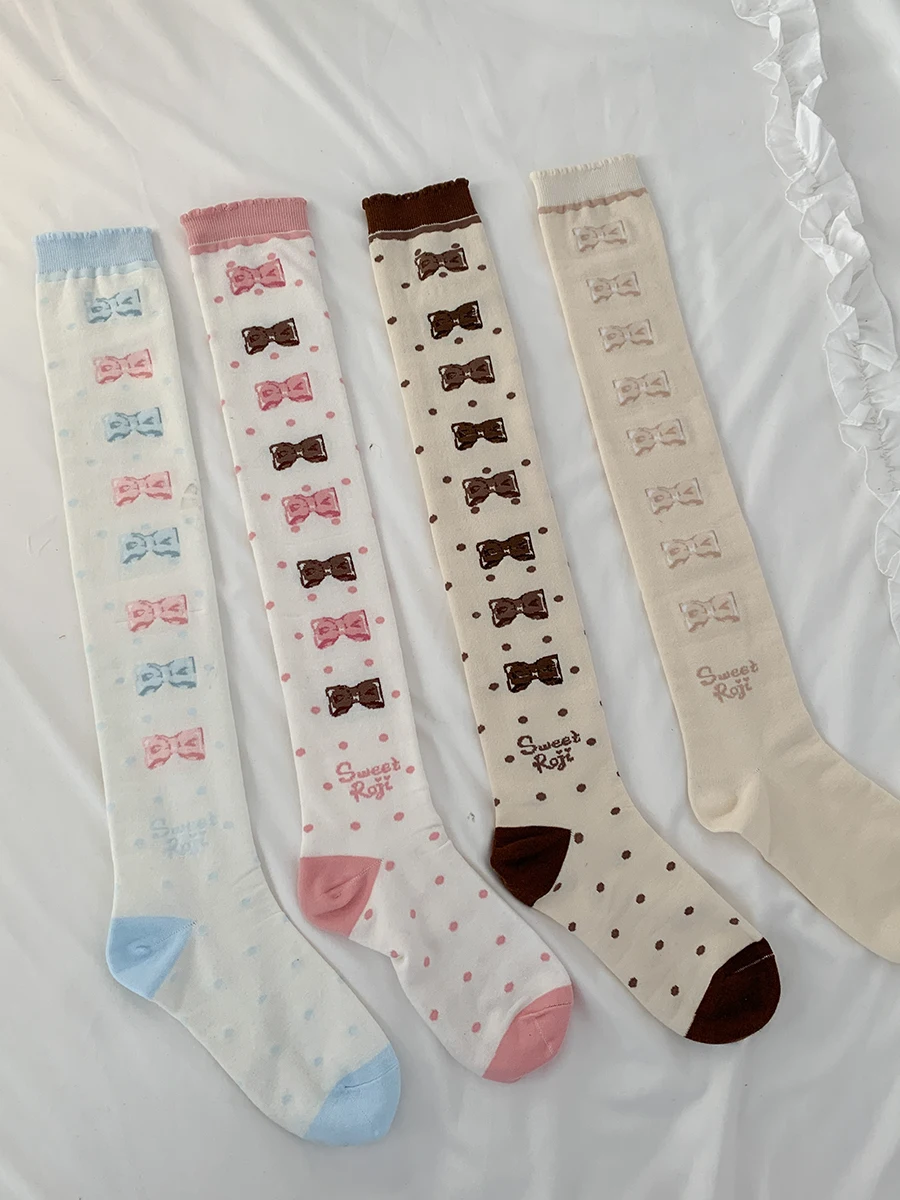 Calzini Lolita con fiocco a pois per donna calzini al ginocchio autunno e inverno calzini a tubo in cotone spesso Lolita stile giapponese