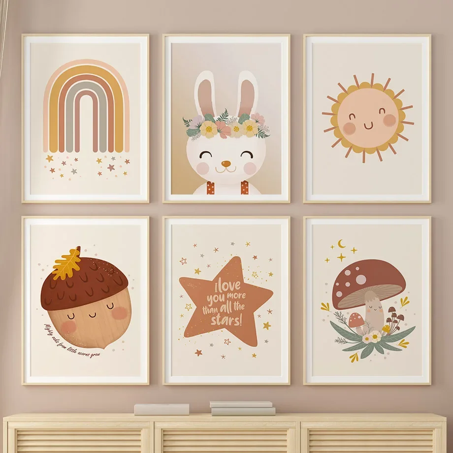 

Плакаты для детской комнаты с мультяшным Кроликом, цветами, подсолнухом, радугой, звездами, грибами, настенные художественные принты, картины на холсте, декор для детской комнаты