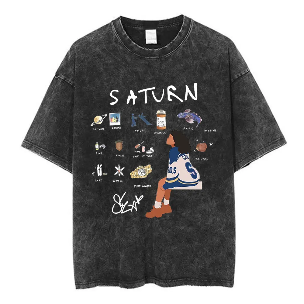 SZA 2024 Music Saturn Vintage Washed T Shirt Men Women Fashion Harajuku T-shirts Cotton Casual Oversized Short Sleeve T Shirts