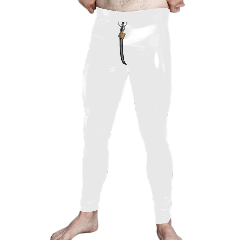 New Men Front Zipper Bright Faux Leather Tight Pants PVC Elastic Performance Trousers Sexy Leggings With lock fetish wear pants