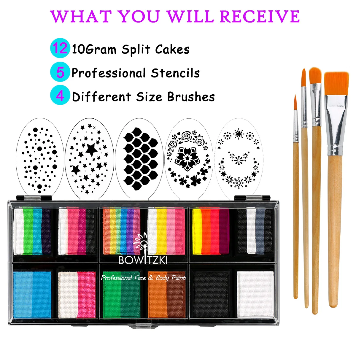 Bowitzki Carnival Professional Face Painting Kit for Kids Adults 12x10gm Body Stencil One Stroke Split Cake Rainbow Halloween 2