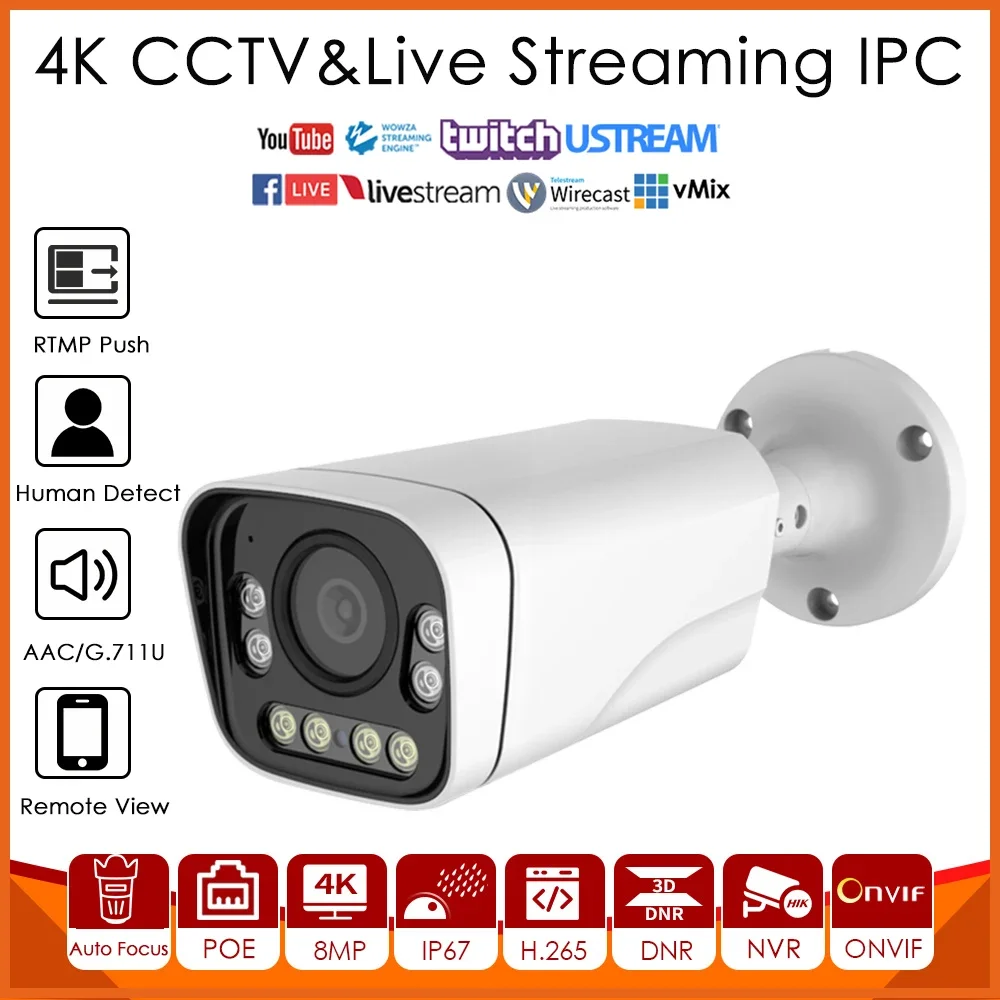 4K 8MP IMX415 POE AF Lens IP Camera Live Streaming Full Colors Night Vision Push Video To YouTube/Facebook/Vimeo by RTMP Onvif