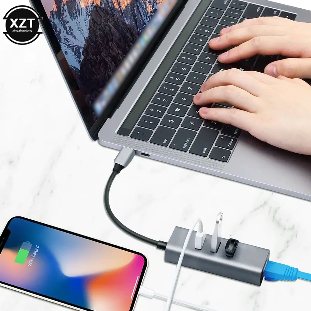USB 3.0 HUB 1000Mbps 3 Ports USB 3.0 Type C HUB to Rj45 Gigabit Ethernet Adapter RTL8153 for MacBook Laptop Computer