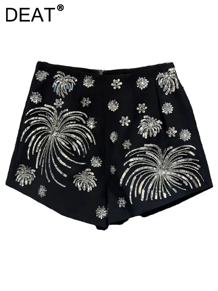 

DEAT Women's Shorts Fireworks Embroidery Sequins Slim High Waist Wide Leg Super Short Pants 2024 Summer New Fashion 11XX9053
