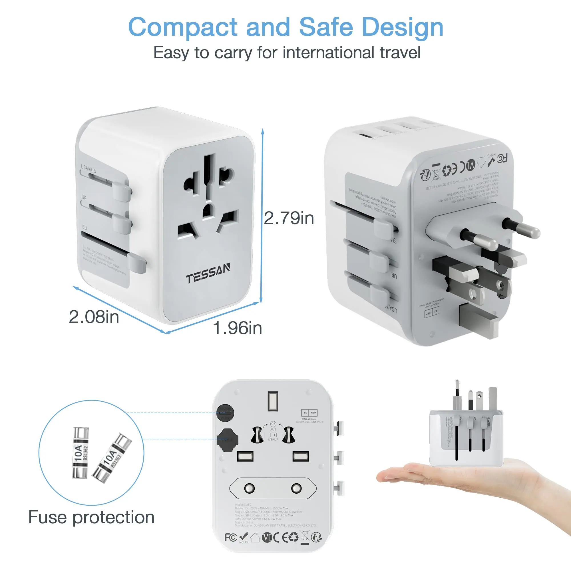 Tessan Universal Viagem Adaptador Tudo-em-um Carregador de Viagem com Portas Usb e tipo c Carregador de Parede para Eua ue Reino Unido Aus - Image 4