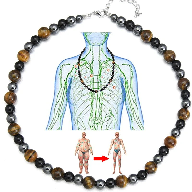 Men Obsidian Natural Tigers Eye Beaded Necklace Power Fitness Yoga Slimming Necklace Jewelry Treating Cervical Pain