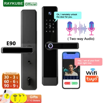 RAYKUBE 투야 와이파이 양방향 오디오 비디오 인터콤 지문 카메라, 스마트 도어락, 앱 원격 잠금 해제, 비디오 녹화, E90, 신제품
