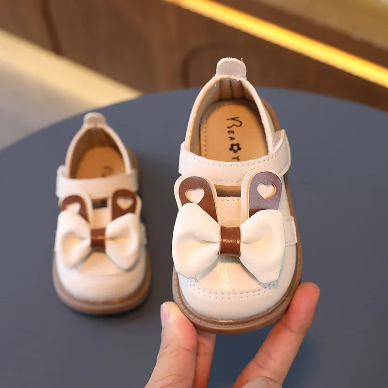 

New Girls Casual Shoes Bunny Bow Hook & Loop Kids Fashion Leather Shoes Breatheable Simple Non-slip Children Loafers 2023 Flats