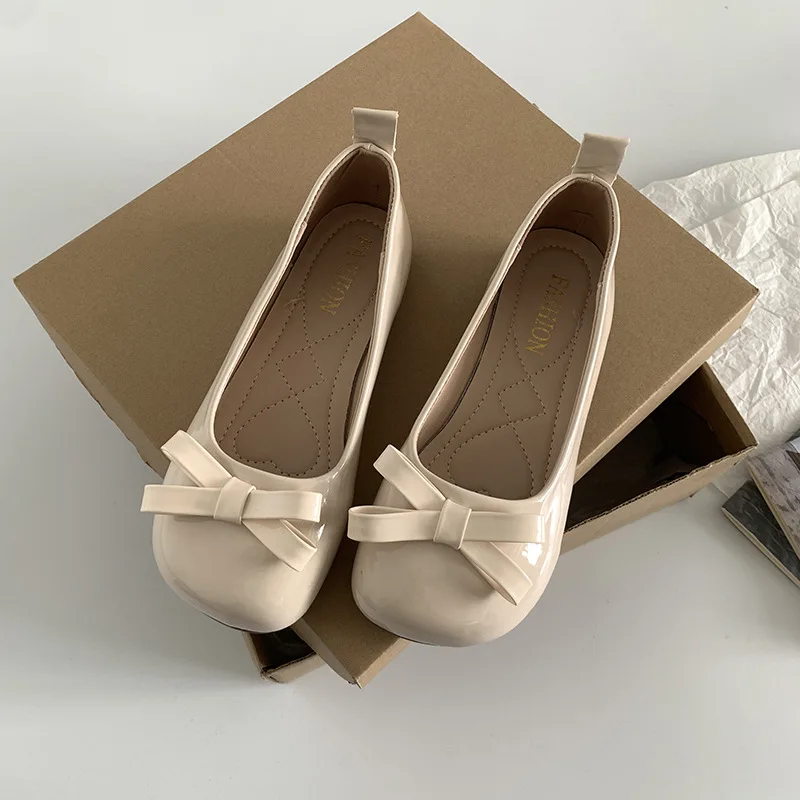 Retro Bowknot Patent Leather Women's Ballet Flats Shoes Autumn Slip on Flat Shoes Round Toe Flat Loafer Female Mary Jane Shoes 5