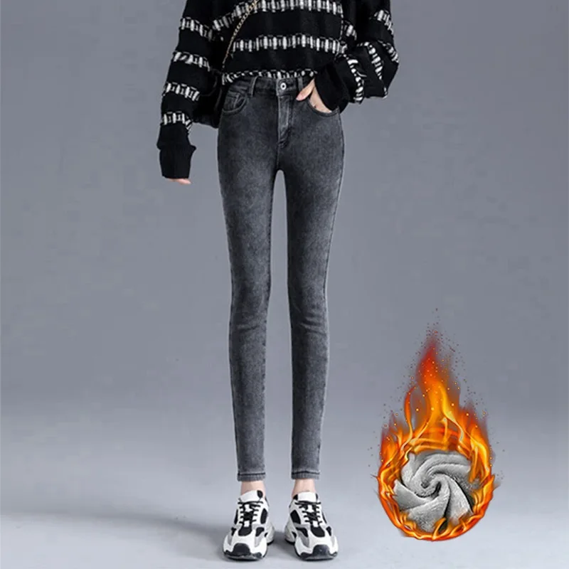 High Waist Plush Lined Jeans Winter Thicken Slim Denim Pants Women's Skinny Vintage Leggings Trousers Fashion Warm Pencil Pants