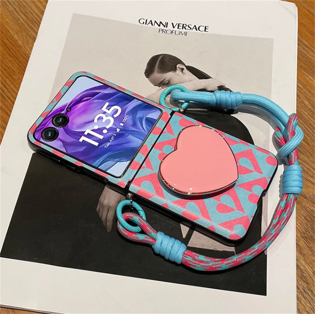 Korean Cute Blue Pink Love Heart Holder Portable Rope Phone Case Cover
