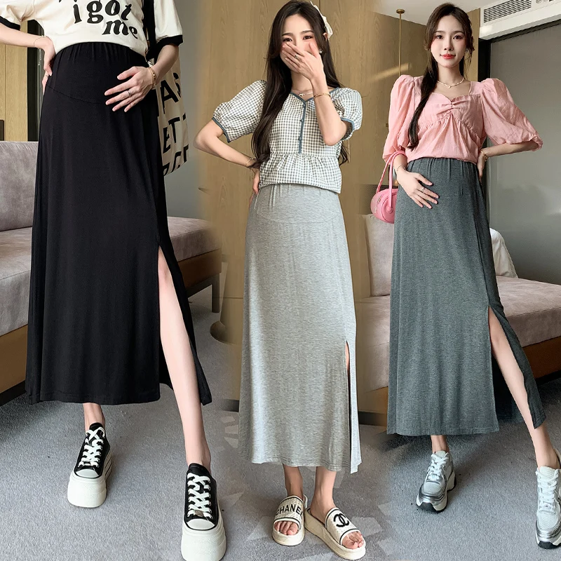 3XL 4XL Summer Thin Modal Maternity Long Skirts Side Splits Elastic Waist Belly Clothes for Pregnant Women Casual Pregnancy