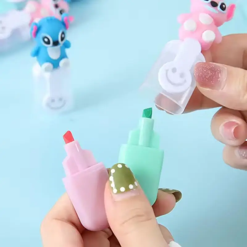 Disney Stitch Bagged Mini Highlighter 6pcs Lilo & Stitch Cartoon 6color Diy Handbook Pen Cute Student Marker Stationery Gift