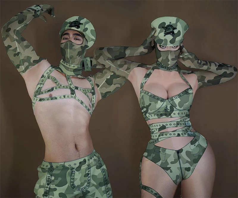 

Sexy Soldier Cosplay Costumes Women Men fashion Military Camouflage Stage Outfits Sets Nightclub Role Playing Performance Wear