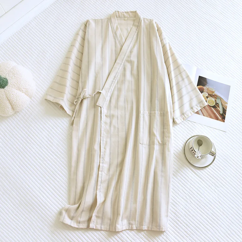 Spring Summer Women and Men Japanese Kimono Sleep Robe Gauze Cotton Couples Casual Striped Nightgown Home Pajama Robe