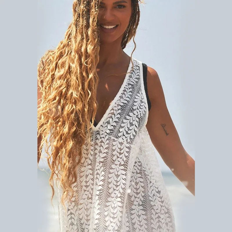 Sheer Lace Swimsuit Beach Cover up Sexy V Neck See Through  Sleeveless Clothes Women Summer Mini Dress Beachwear Bikini Cover-up