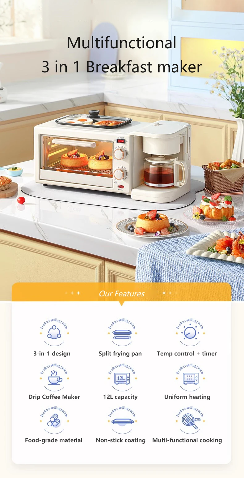 Description Picture 3 of item12L Multifunctional Bake oven Drip coffee maker 3 in 1 breakfast machine Tea boiler Sandwich Toast Roaster Non-stick Frying pan