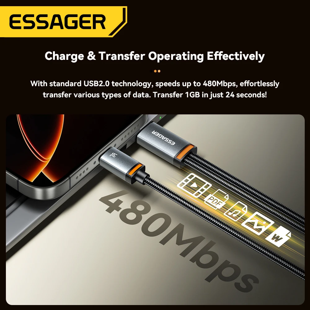 Essager 7A 100W 2 في 1 كابل USB USB نوع C شاحن سري...