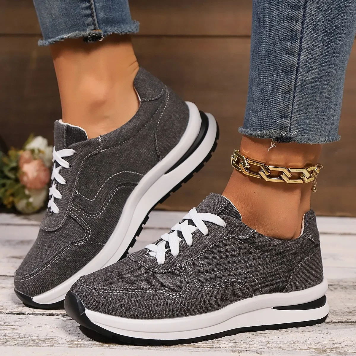 Blue Denim Platform Sneakers Women Fashion Thick Sole Lace Up Sports Shoes Woman Plus Size 43 Comfortable Casual Female Sneakers 2