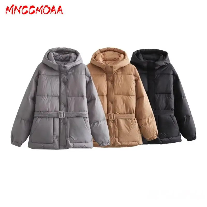 

MNCCMOAA 2023 Winter Women Fashion Long Sleeve With Belt Hooded Parkas Female Solid Color Casual Zipper Pockets Outerwear