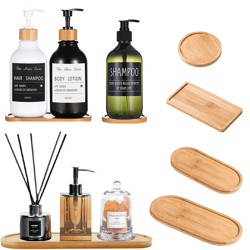 Soap Dispenser Tray Wooden Vanity Countertop Bottles Organizer Holder Round Square Candles Jewelry Storage for Kitchen