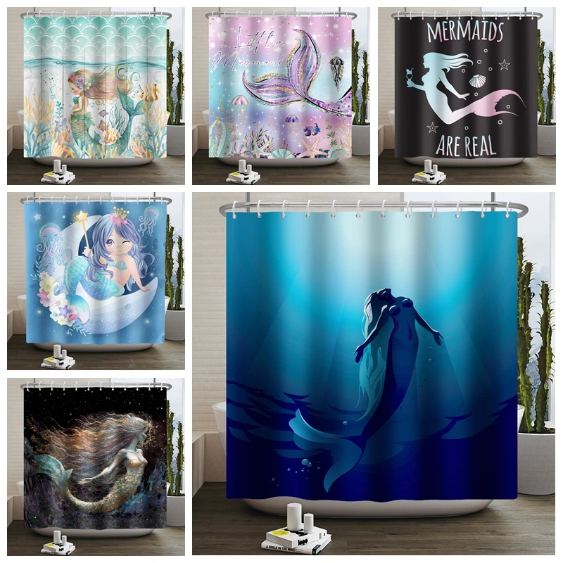 Cute Blue Mermaid Shower Curtains for Bathroom Scales Glitter Fish Scale Coral Girls Shower Curtain Kids Bathroom Decor Cortina