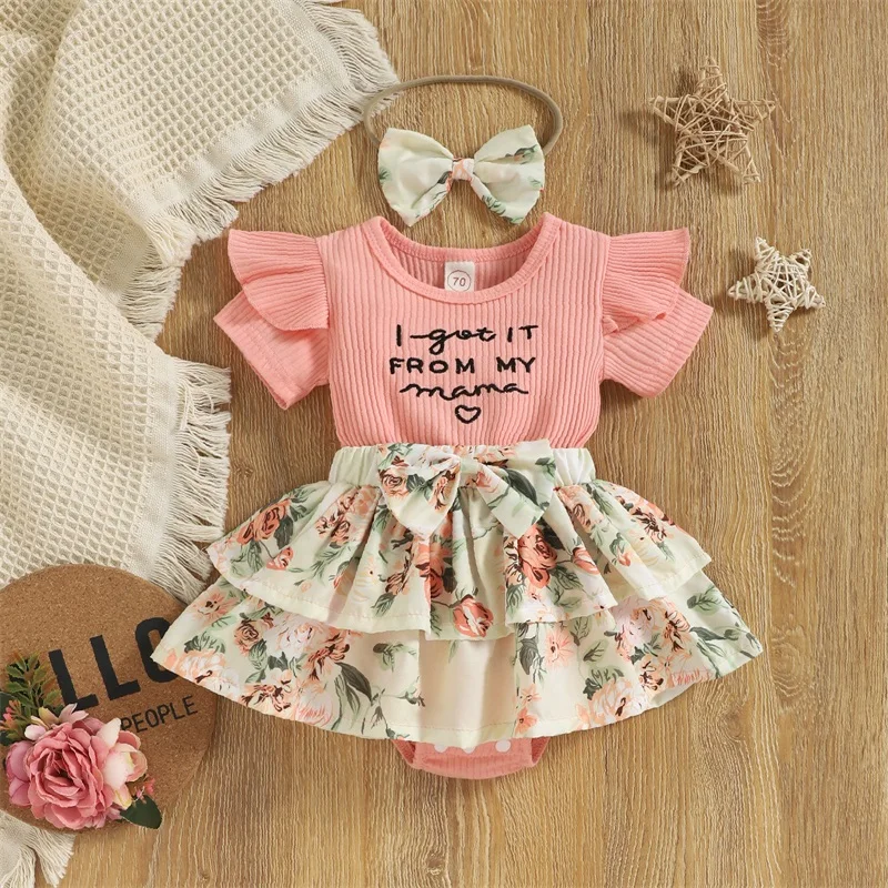 

Newborn Baby Girl Clothes Infant Romper Dress Ruffle Sleeve Ribbed Floral Bodysuit Headband Summer Outfits