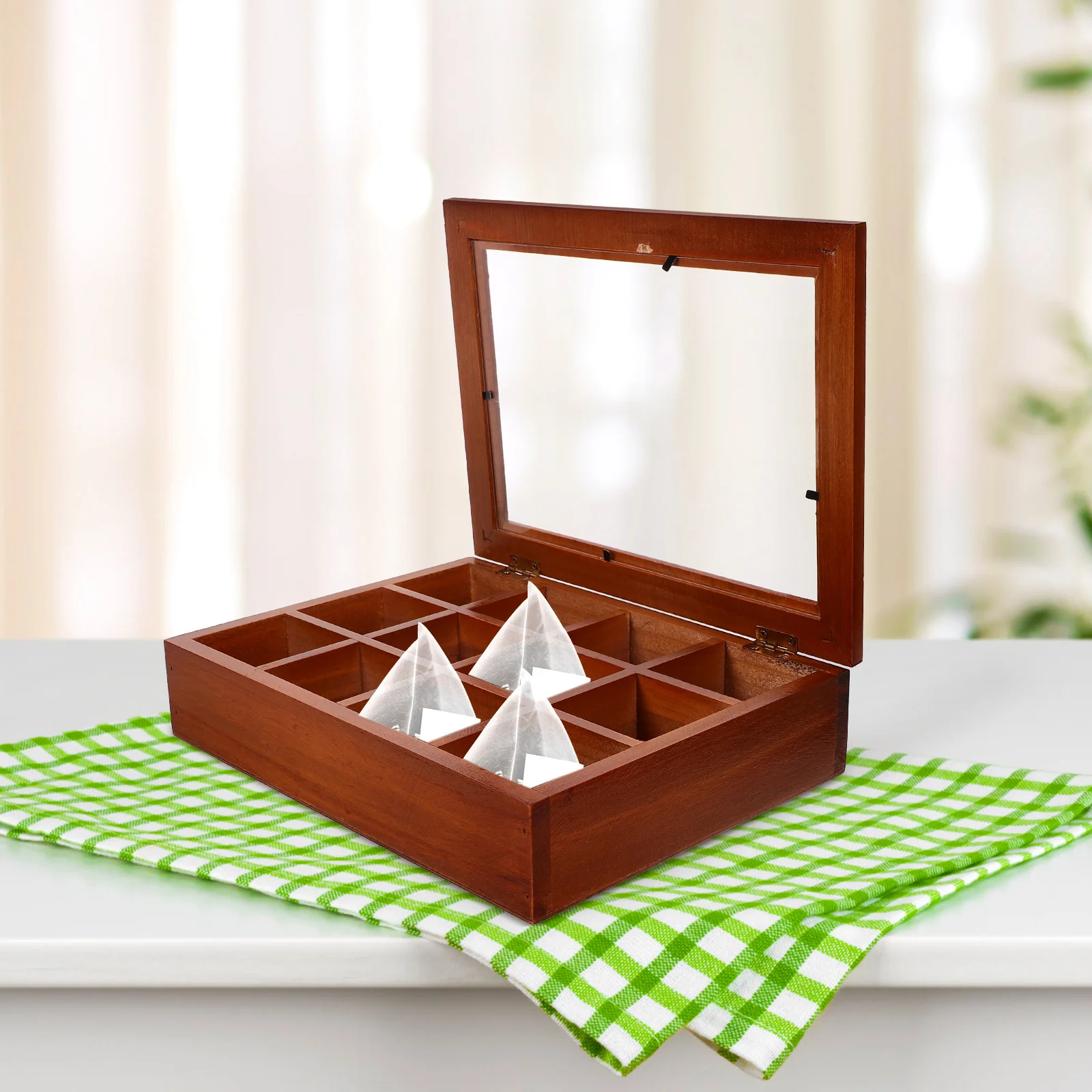 

Grids Wooden Tea Bag Holder Sugar Packets Spice Pouches Storage Case Instant Coffee Bag Boxes With Clear Lid