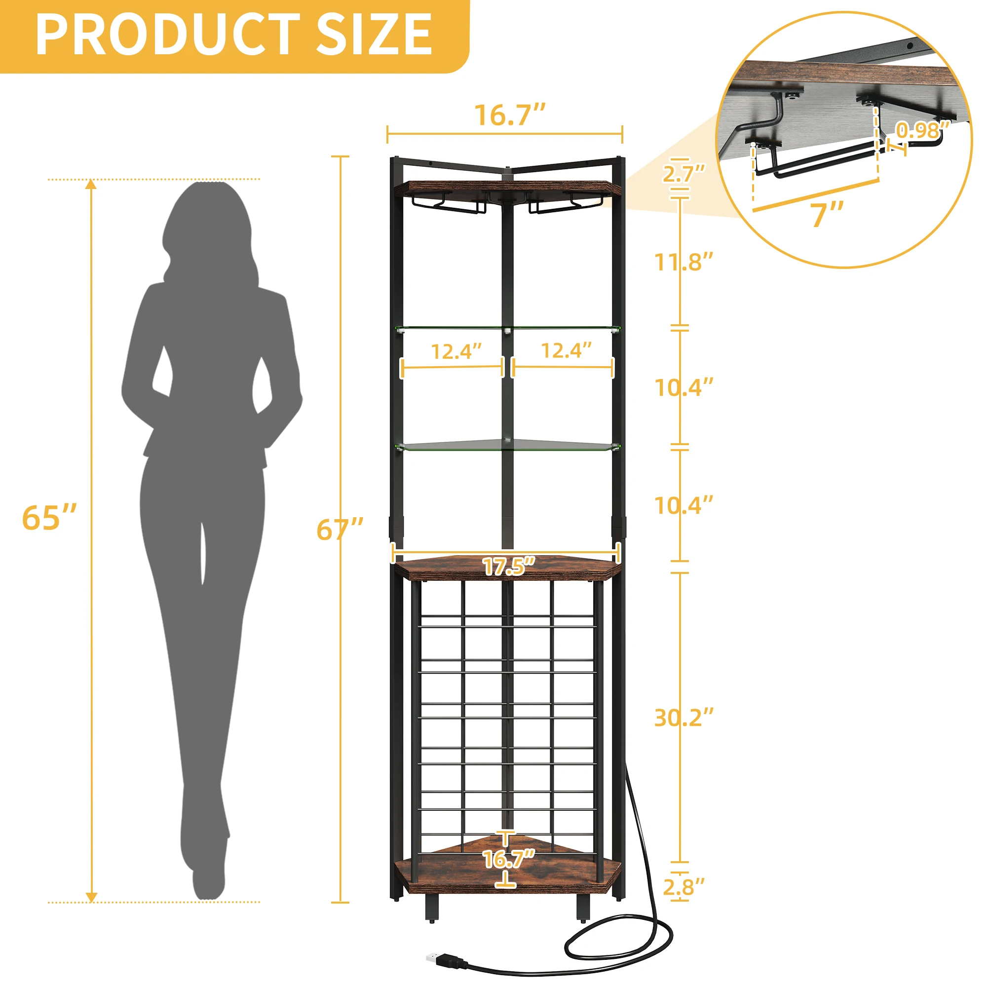 4-Tier Corner LED Wine Rack with Glass Holder & Shelves Industrial Bar Cabinet