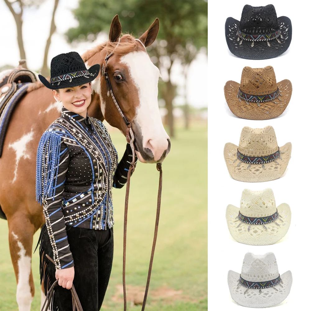 

Men Women Straw Western Cowboy Hats Wide Brim Sunhat Summer Caps Sombrero Travel Sunbonnet Street Style Beach Size US 7 1/4 UK L