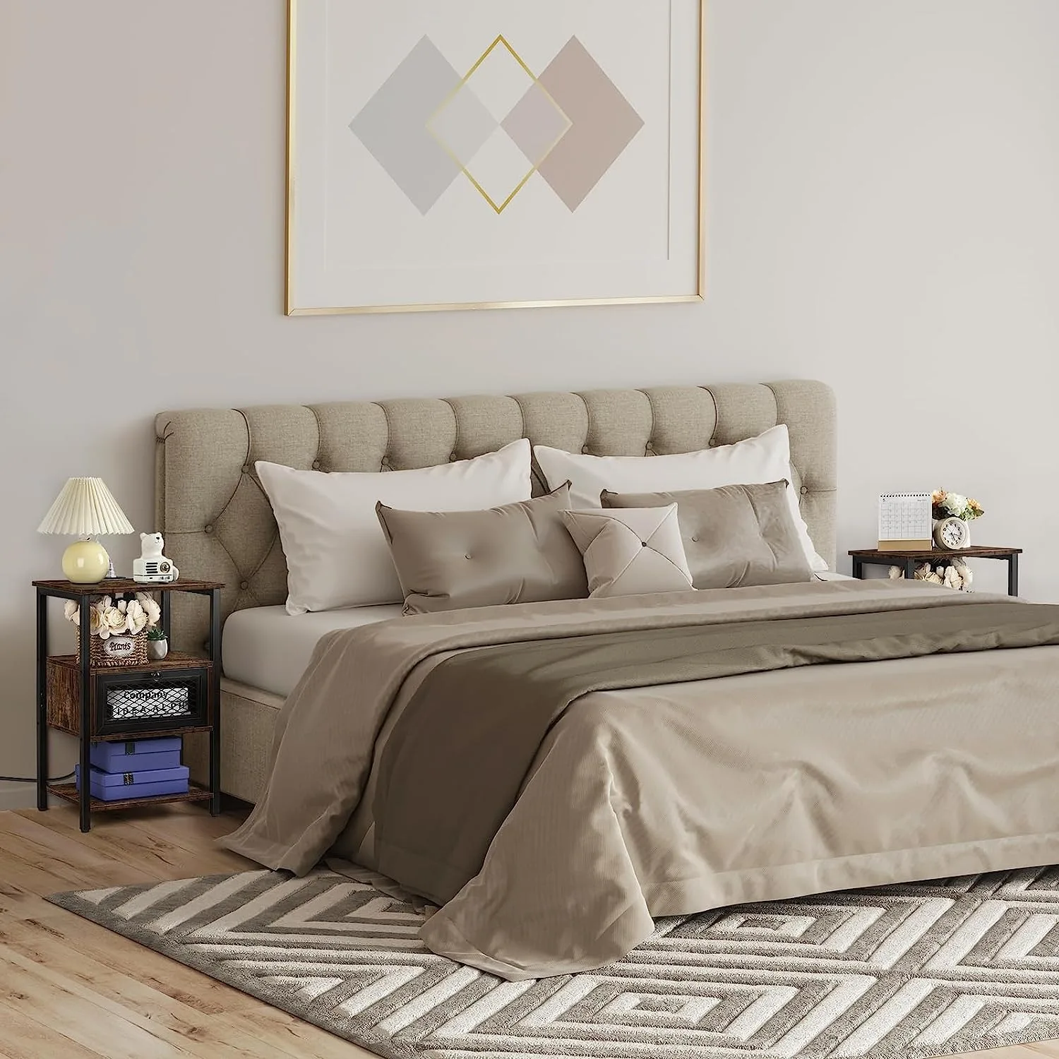 Nightstand with Charging Station End Table with Power Outlets and USB Ports Farmhouse Side Table Drawer and Storage Shelf