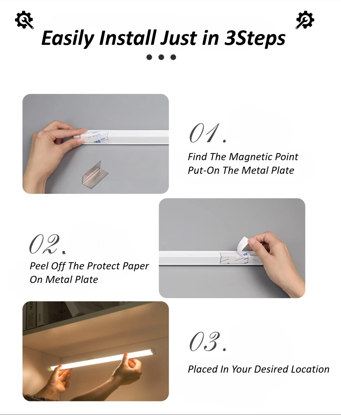 3Colors in 1Intelligent Motion Sensor LED Wireless Under Cabinet Corner Lights Type-C Rechargeable for Kitchen Gradevin Stairs