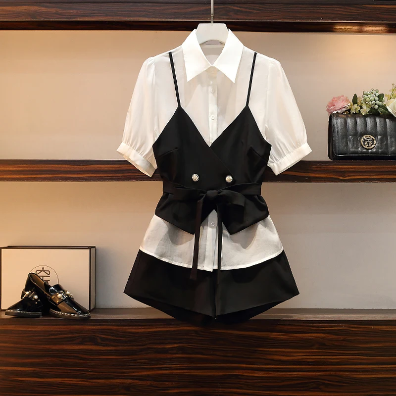 

Женский летний модный простой элегантный женский комплект, белая рубашка, блузка, комплект из 2 предметов, спортивный костюм для отдыха, женские комплекты с шортами