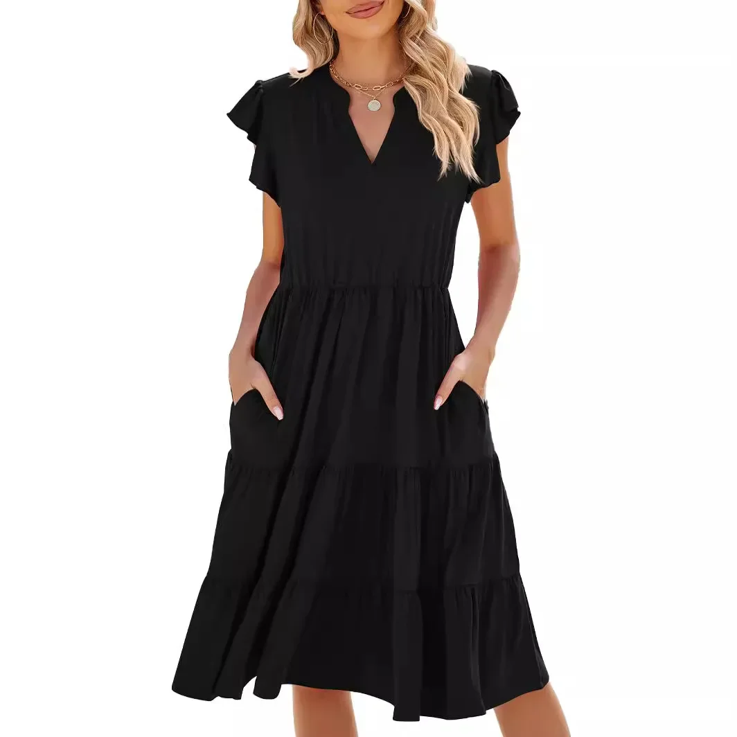 

Spring and summer new solid color V-neck loose short sleeve waist stitching dress