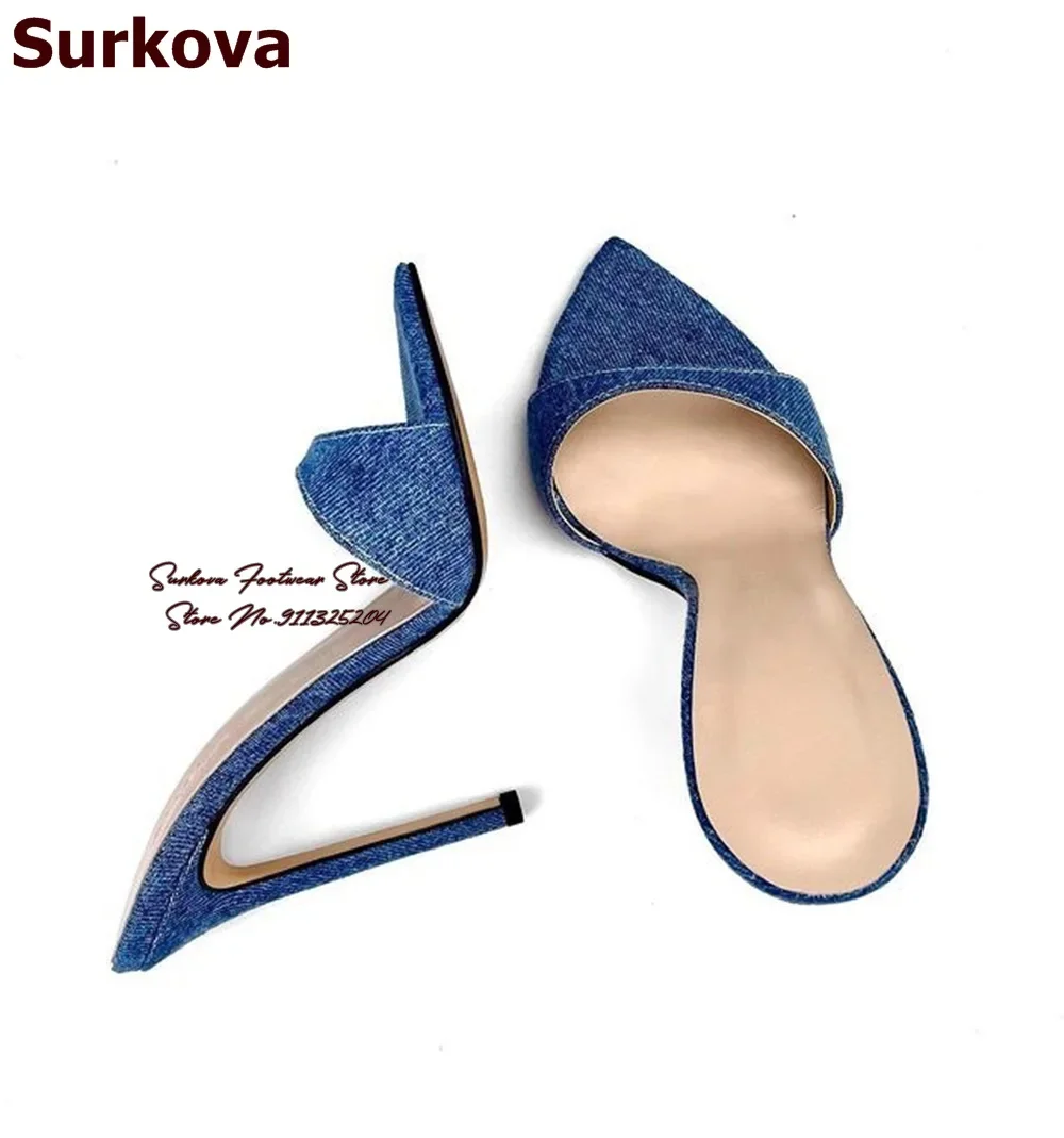 Surkova Blue Denim Sky High Heel Modern Slippers Short Pointed Toe Slip-on Dress Sandals Women Sexy Shallow Party Shoes