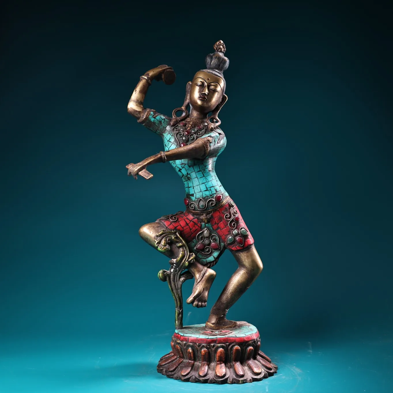 

17”Tibet Temple Collection Old Bronze Outline in gold Mosaic Gem Turquoise Dance Goddess Tara Lotus Platform Standing Buddha