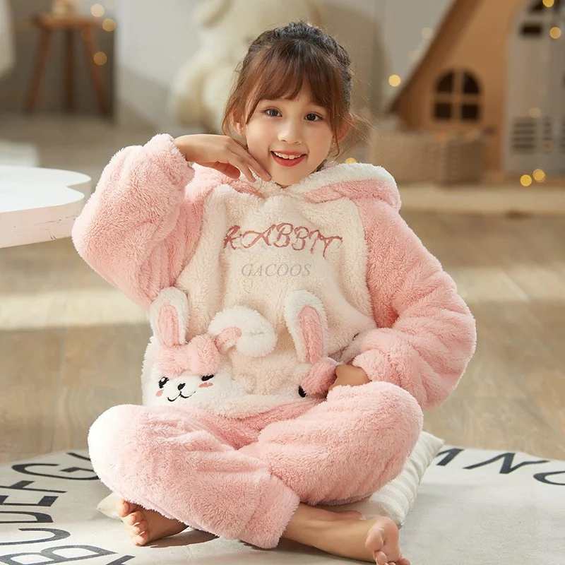 Cute Rabbit Girls Pajamas Set Winter Thicken Sleepwear for Kids Hooded Children's Coral Fleece Pajamas Baby Home Wear Nightwear