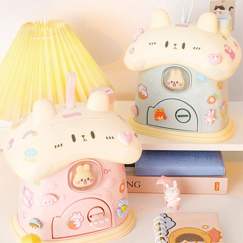 Cute Rabbit Piggy Bank Large Capacity Cash Coin Box DIY Creative With Lock Key Desktop Decoration Toys Gifts for Kids Girls 2