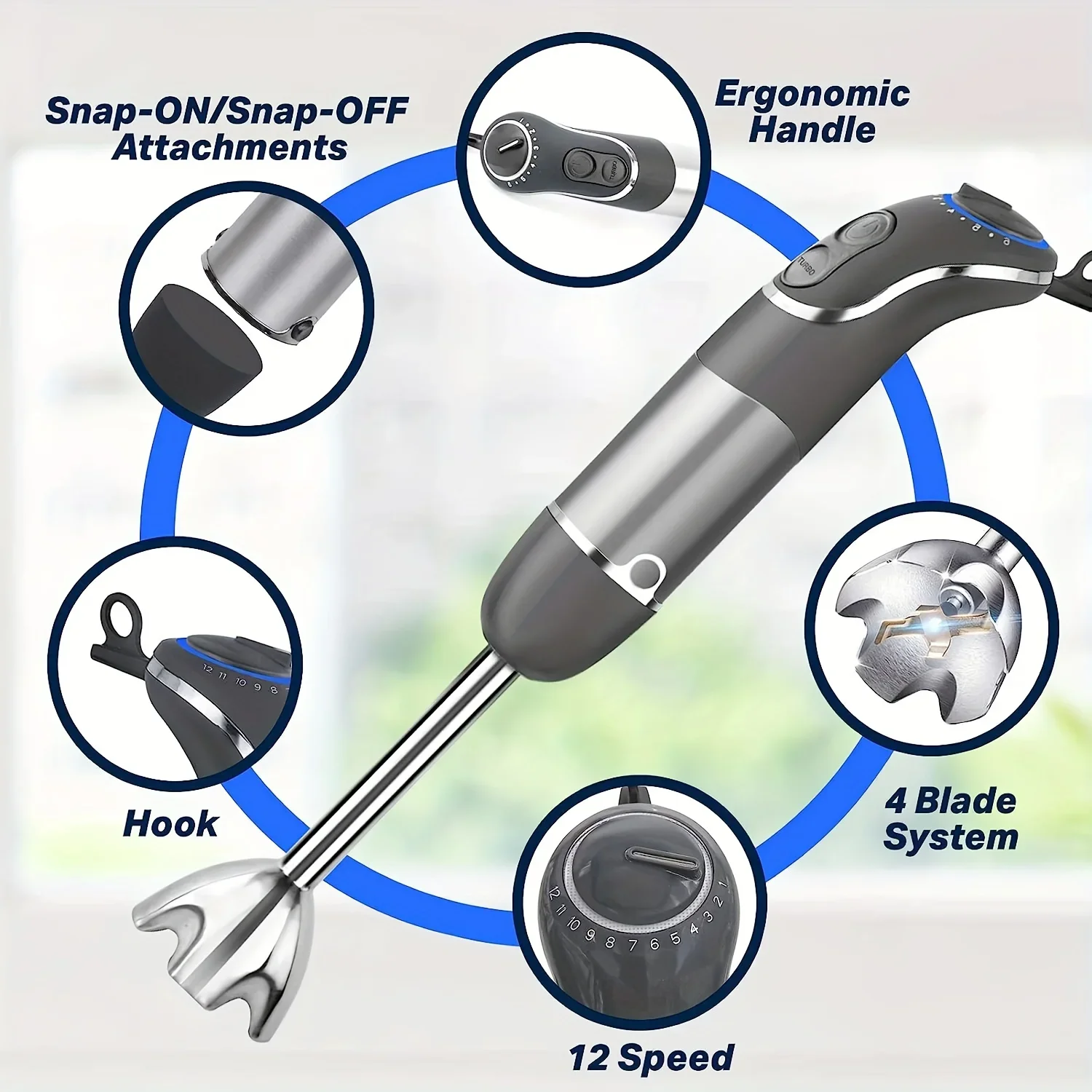 US Plug Intelligent Rod 800W,12 Speed and Turbo Mode,Heavy-Duty Copper Motor Immersion Mixer,Titanium Steel Blade Manual Mixer