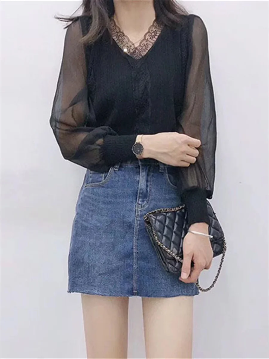 Blusas de mujer estilo primavera otoño, blusas casuales de manga larga con cuello en V y encaje DF4452