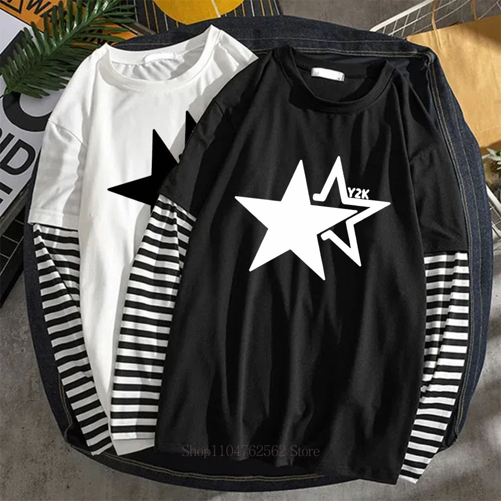 Women Star Y2K Print Graphic Fake Two Long Sleeved T-shirts Fashion Gothic Retro Casual Loose Fake Two Long Sleeved T Shirt 3