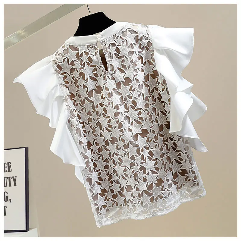 

2022 Summer Women New Arrivals Short Flying Sleeve Round Neck lace Embroidery Stars Hollow Out solid color T Shirt