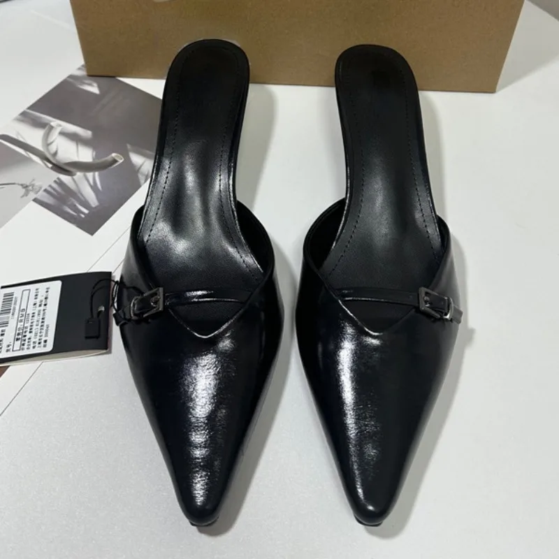 Women Slingbacks Sandals summer Pointed Toe Chic Buckle Black Party High Heels Lady Mules Shoes